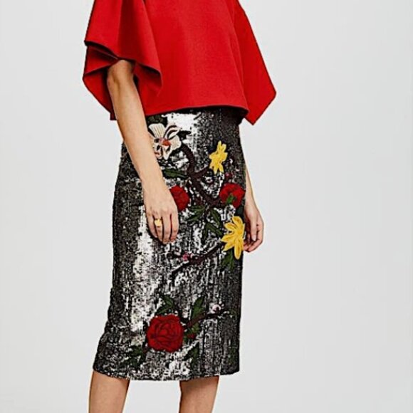 Alice + Olivia Ella Embellished Sequin Floral Midi Skirt S $795 - Picture 4 of 15